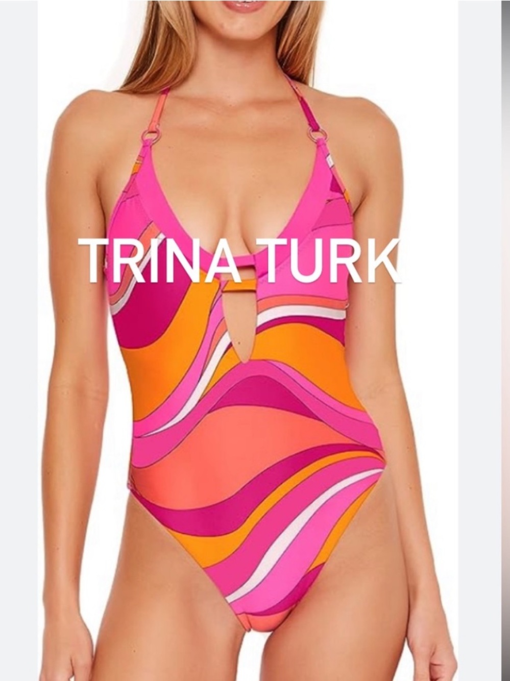 New Trina Turk Pink & Orange Wave-Print Halter One-Piece size 10